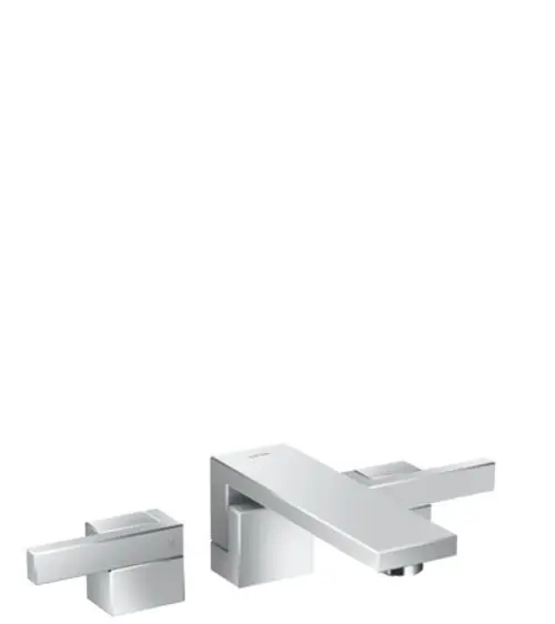 Waschtischarmatur von AXOR im minimalistischen Design, bestehend aus einem Auslauf und zwei separate Steuerhebeln für Wärme- und Wassermenge an einer Wandmontage.